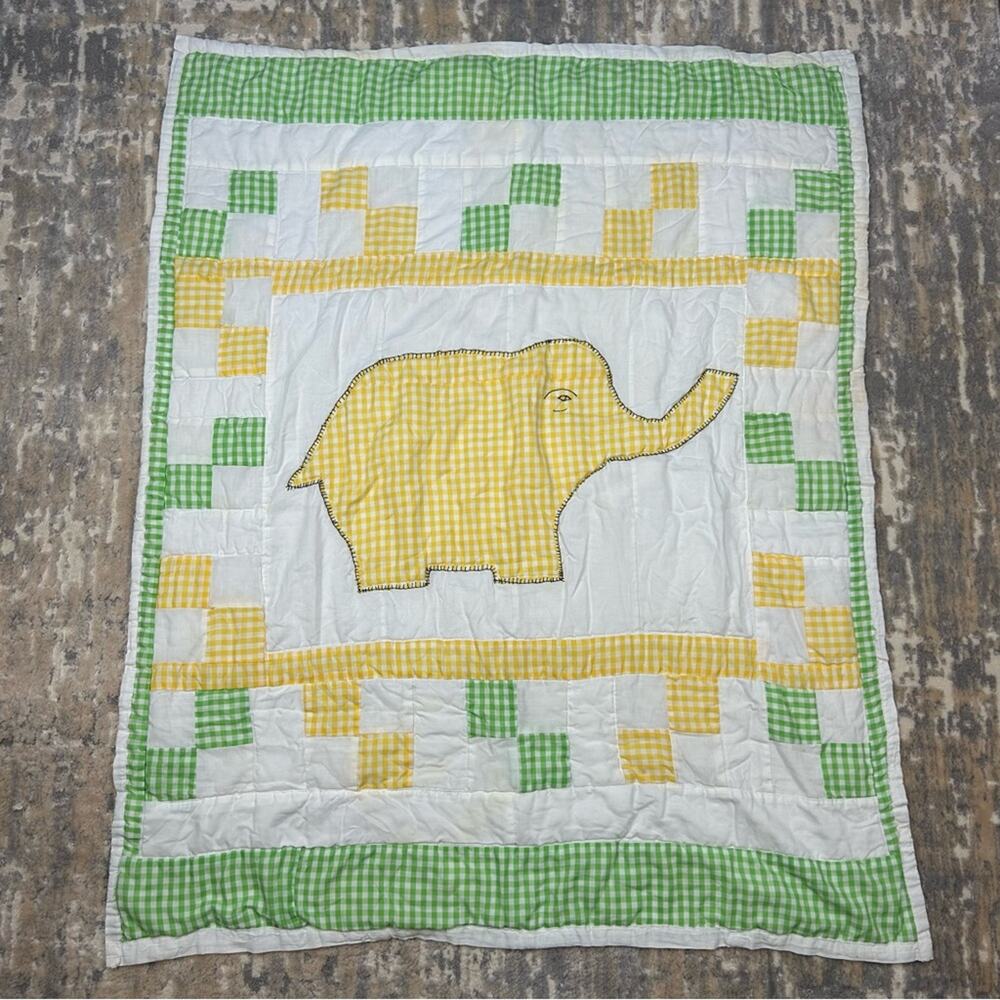 Vintage Handmade Elephant Gingham Baby Crib Yellow Green Quilt 45"x37"